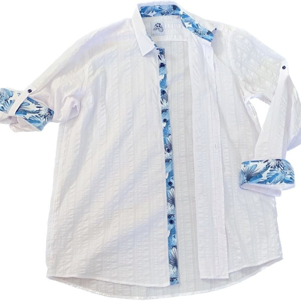 ENVY Womens Shirt Large White Blue Tropical Hawaiian Button-Front Resort Beach